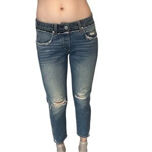 Amo Denim Jeans Tomboy Crop Soulmate w/ Destroy Distressed Blue Cotton Size 25